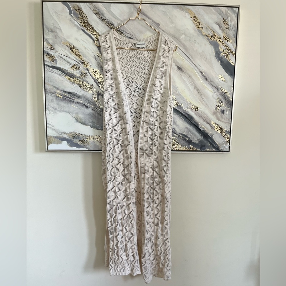 Freshman 1996 Cream Crochet Knit Longline Sleeveless Cardigan Vest Boho festival